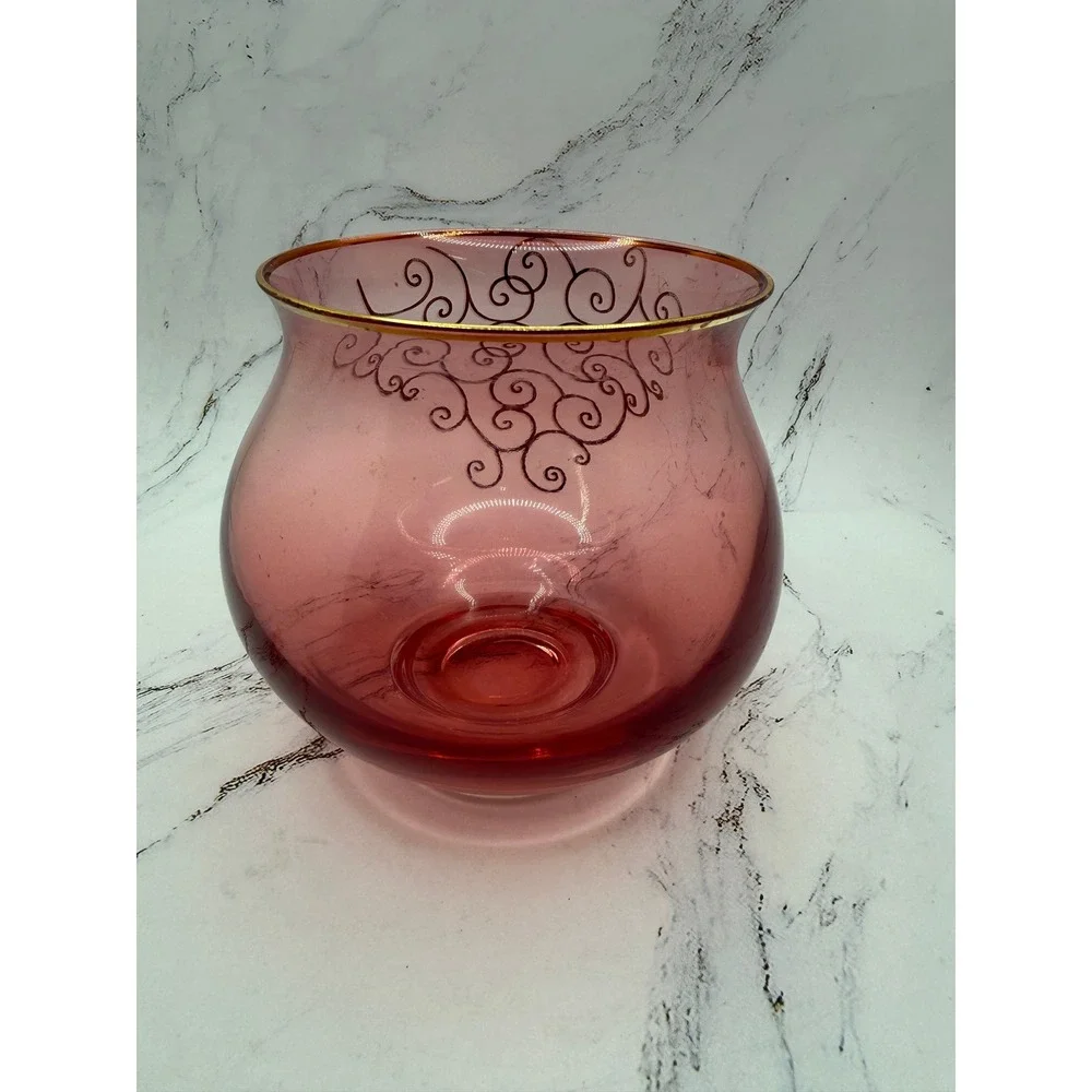 Vintage Cranberry Glass Rose Bowl Vase Gold Scroll Filigree Gilt Rim Pink 5in